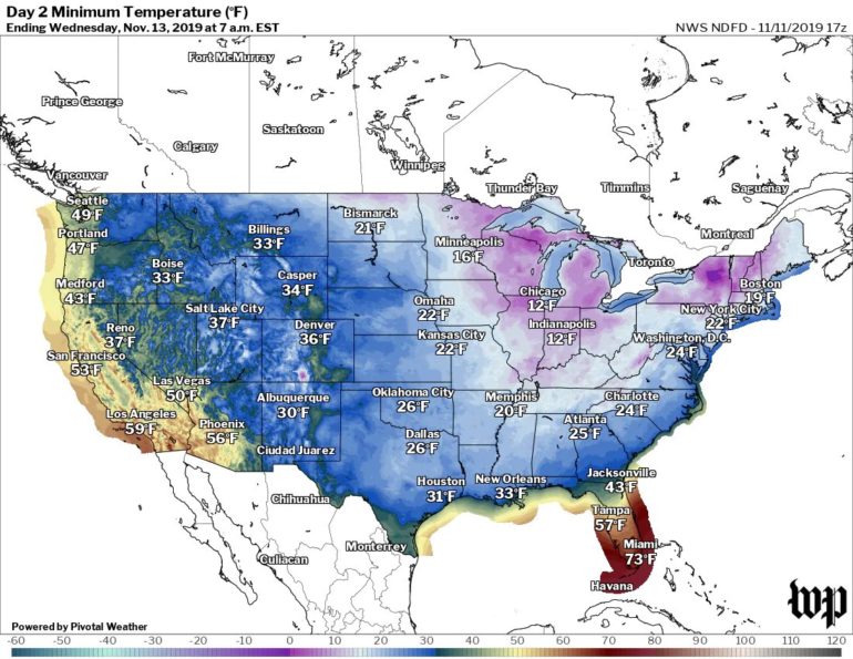 Forecast lows for Wednesday (The National Weather Service)