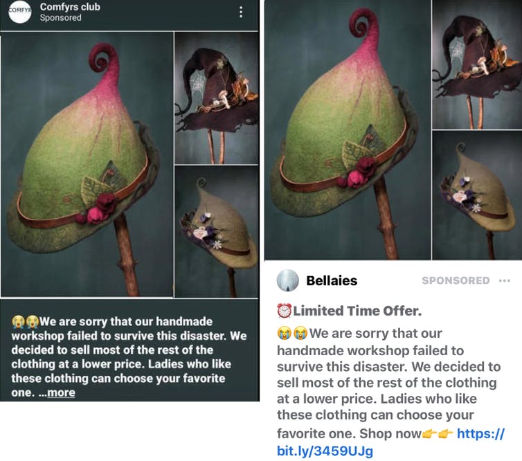 two screenshots featuring the same image of felt hats