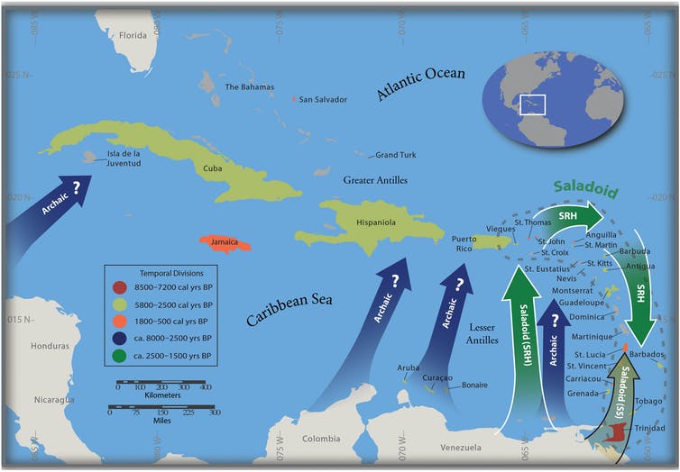 map of Caribbean showing order in which islands were settled, from north to south