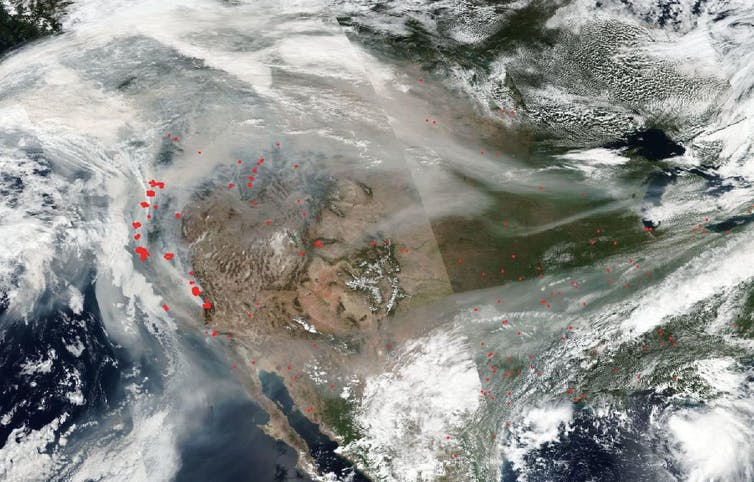 Satellite image of smoke from wildfires.