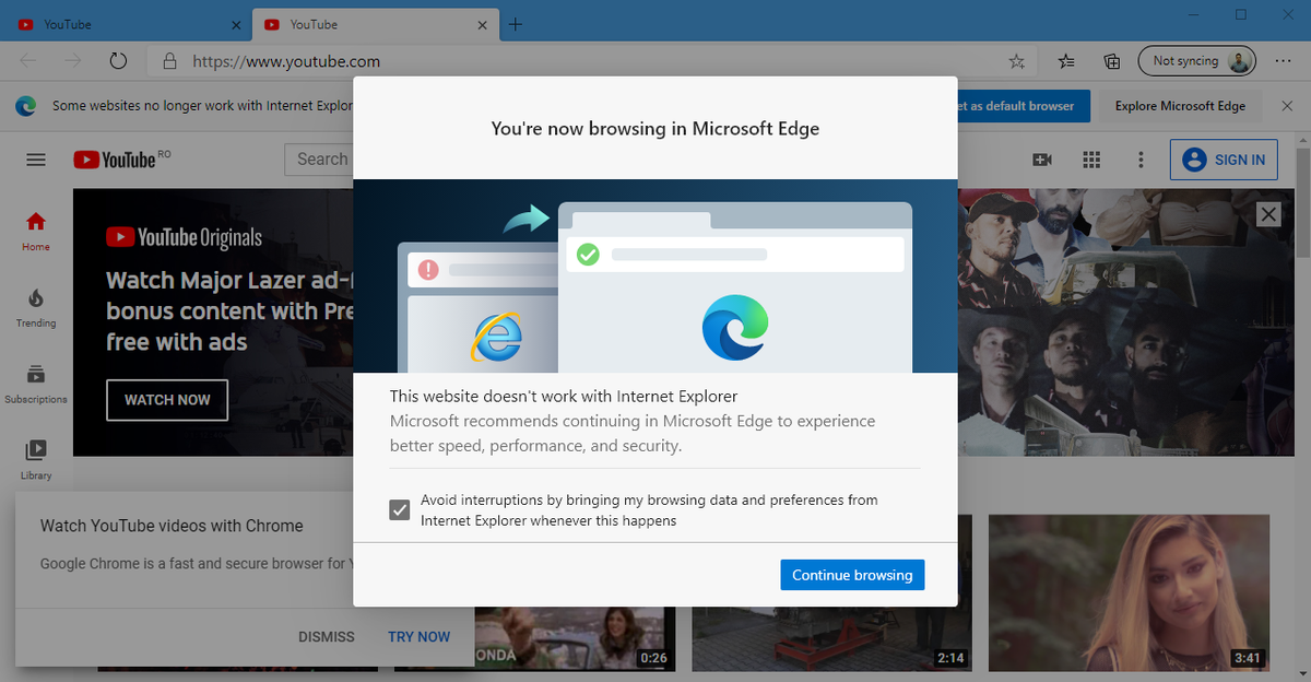 IE to Edge redirect screen