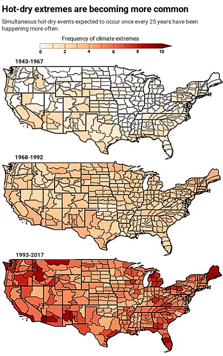 Maps showing changing frequency of extreme hot-dry events