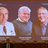 three scientist projected on screen at announcement