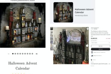 three screenshots featuring the same product image of a Halloween haunted house advent calendar sculpture