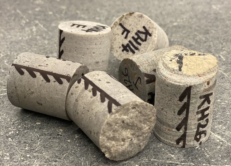 cylindrical rock core samples with markings