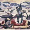 Watercolor painting depicting an Antarctic landscape with a man in the foreground swinging an ax into the bloody carcass of a seal.