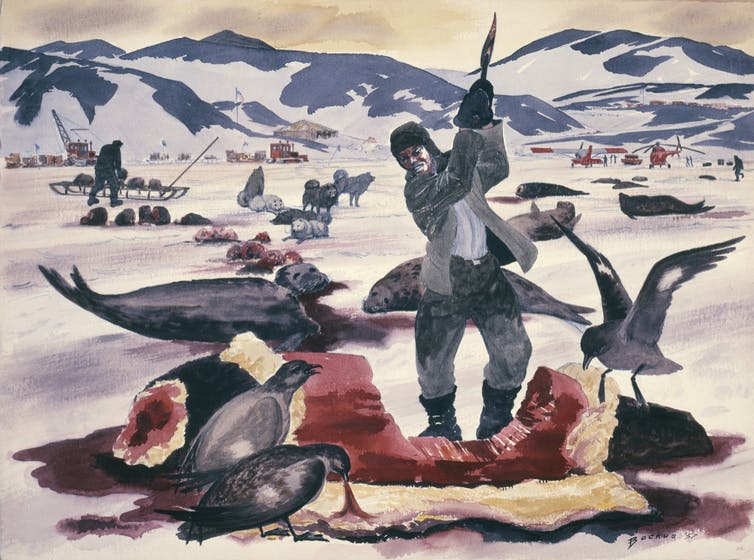 Watercolor painting depicting an Antarctic landscape with a man in the foreground swinging an ax into the bloody carcass of a seal.