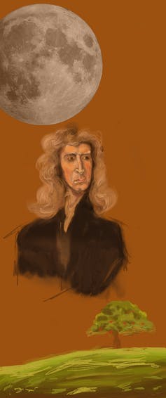 A drawing of Issac Newton next to a tree and the moon.