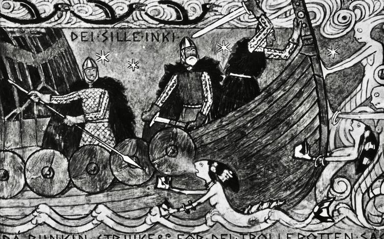 Period drawing of a Viking wooden ship surrounded by evil looking mermaids.