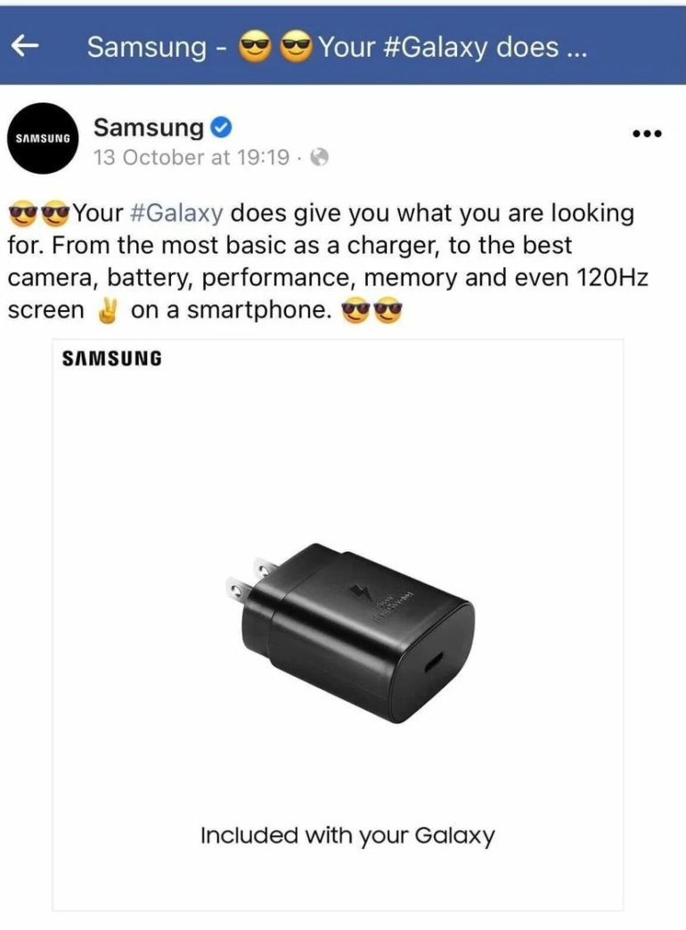 A Samsung ad including an image with a phone charging brick captioned “Included with your Galaxy”