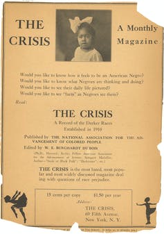 Yellowed print ad for The Crisis with photo of a young Black child and text.