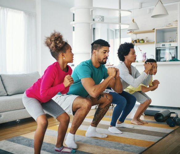 parents and kids working out at home together