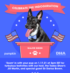 A virtual poster saying 'Join the world's largest party for dogs. Celebrate the Indoguration!' In the center is a photo of a German Shepard.