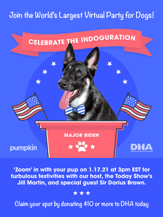 A virtual poster saying 'Join the world's largest party for dogs. Celebrate the Indoguration!' In the center is a photo of a German Shepard.