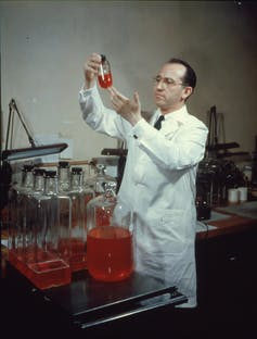 Jonas Salk poses with a flask in lab