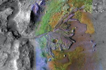 A topographic, top down photo with colors showing the ancient river delta in the Jezero Crater