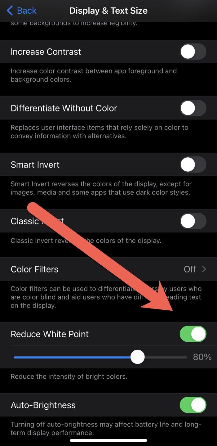 Settings > Accessibility > Display & Text Size > Reduce White Point.