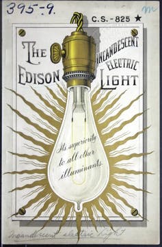 A graphical representation of an early electric incandescent lightbulb