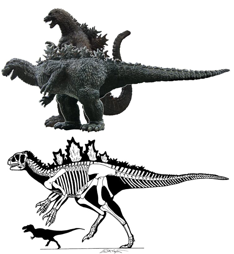 A comparison between an upright Godzilla and a horizontal Godzilla.