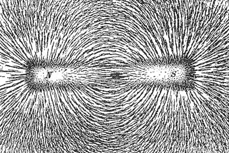 Iron filings showing the magnetic field lines of a magnet.