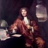 An oil painting of man with long curly hair holding a pair of tweezers posed next to a globe.