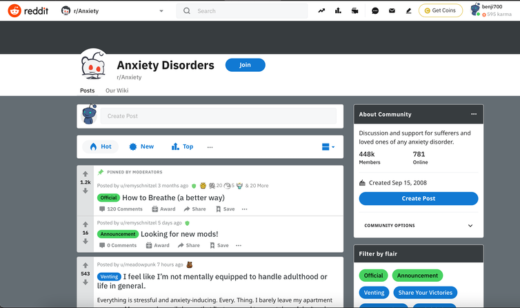 Screenshot of an anonymous online emotional support forum