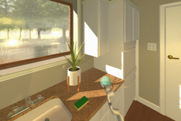 Animated image of a robot navigating a virtual environment and moving items around.