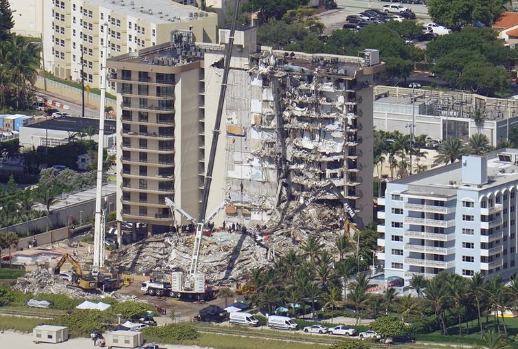A partially collapsed 12 story apartment building.