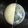 Venus divided in half with green–yellow clouds on the left and an artists impression of what it might have looked like with oceans, clouds and life on the right.