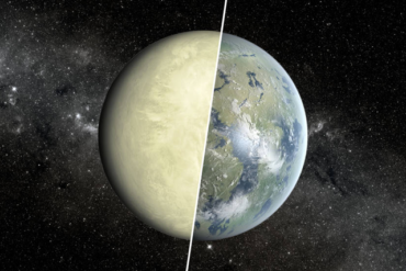 Venus divided in half with green–yellow clouds on the left and an artists impression of what it might have looked like with oceans, clouds and life on the right.