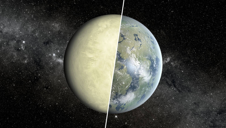 Venus divided in half with green–yellow clouds on the left and an artists impression of what it might have looked like with oceans, clouds and life on the right.