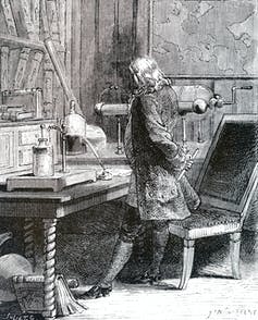 etching of Franklin standing at a table in a lab