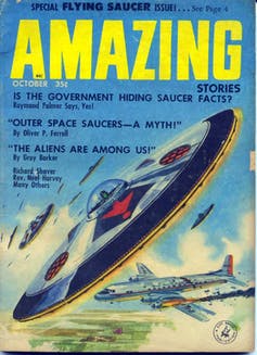 An old magazine cover showing a hand–drawn flying saucer.