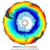 Map showing temperature differences from very cold around Antarctica to warming beyond the current.