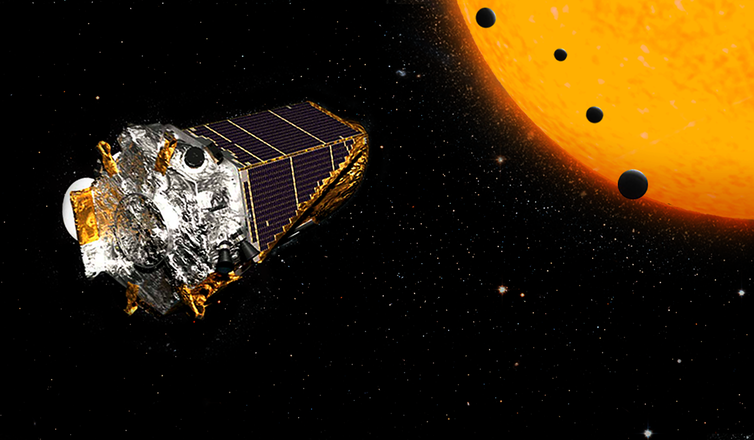 An illustration shows the Kepler telescope in space, next to a star and its planet.