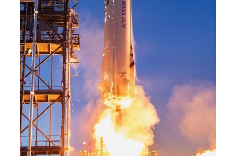 Blue Origin's New Shepard rocket burns liquid hydrogen and liquid oxygen, which combusts as water vapor