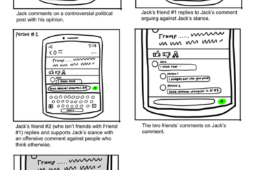 A comic displays five tiles in which people are arguing in a comment section, and the app intervenes suggesting the users move to a private message instead.