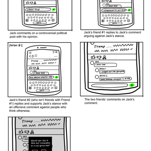 A comic displays five tiles in which people are arguing in a comment section, and the app intervenes suggesting the users move to a private message instead.