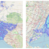 Side-by-side maps of Los Angeles and New York City covered with bright blue blobs