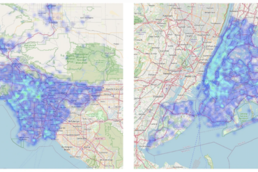 Side-by-side maps of Los Angeles and New York City covered with bright blue blobs