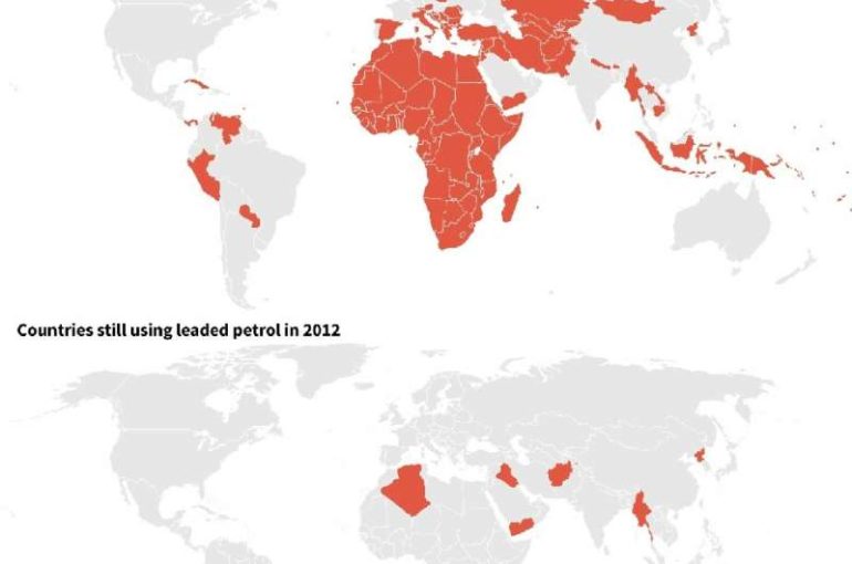 World map showing the progression of bans on toxic leaded petrol after the last country, Algeria, ended its use in July