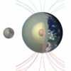 A diagram showing cutouts of the Earth and Moon with the Moon having a much smaller core relative to its size.