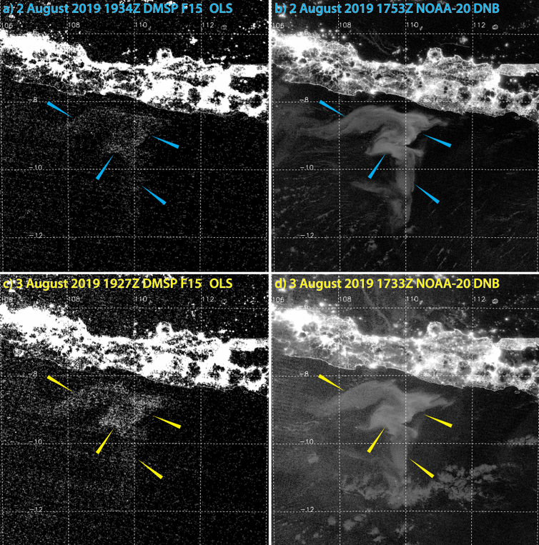 Two satellite images of Java showing a large question mark-shaped area of light-colored sea surface.