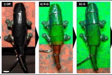 Soft robot chameleon changes color in real-time to match background