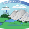 An illustration showing how water cycles through precipitation, runoff, groundwater, plants, evaporation and condensation to fall again.