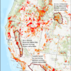 A satellite-view map showing fire area with Yellowstone, the Sierra Nevada and the Sonoran Desert ecoregions marked