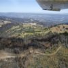 A view from an airplane of hillsides, some dark from burning, other still green, with roads winding through them.