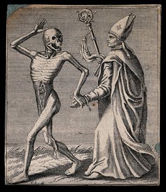 skeleton takes the hand of a bishop in an etching