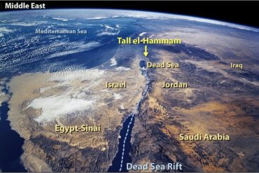 Satellite image showing the area with Tall el-Hammam about 7 miles (12 kilometers) northeast of the Dead Sea