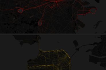 Two city maps stacked vertically with paths along city streets marked in varying levels of intensity